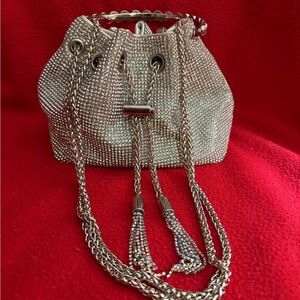 Silver Rhinestones Drawstring Mini Bucket Bag